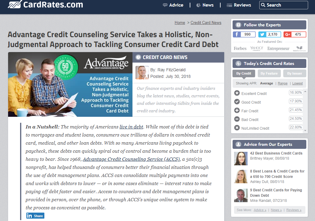 Advantage CCS Teams Up with CardRates.com to Talk About Free Consumer Credit Counseling